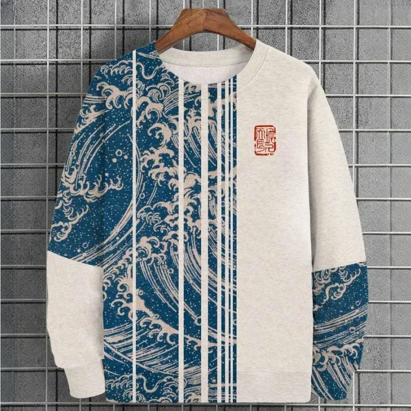 3D Printed Ukiyoe Men's Sweatshirt Autumn Oversized Round Neck Jacket Top Loose Casual Street Sweatshirt