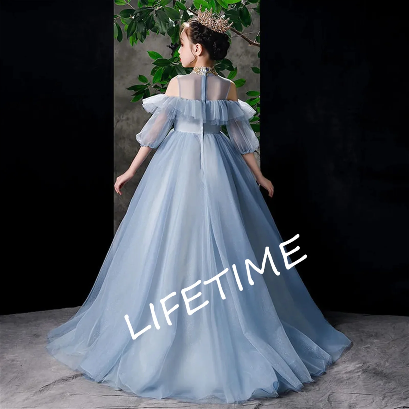 

Puffy Tulle Blue Lace Sequin Gown Flower Girl Dresses Trailing kids Princess Dress Wedding Party Dress First Communion Vestido