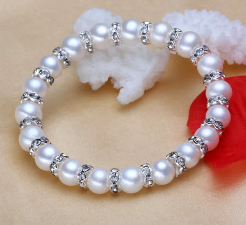 

10mm Genuine Natural White shell Pearl Crystal Bracelet Bangle 7.5''AAA