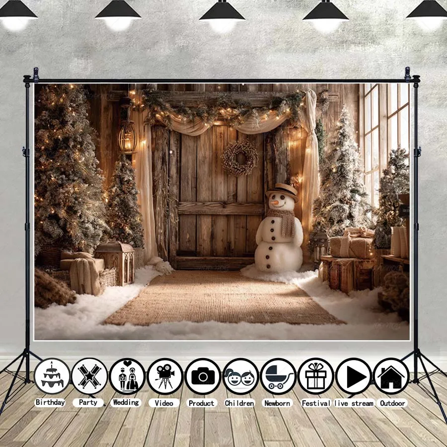 

MOON.QG Wooden Door Backdrop Snowmen Xmas Trees Christmas Background Photo Booth Decoration Birthday Studio Child Party Decor
