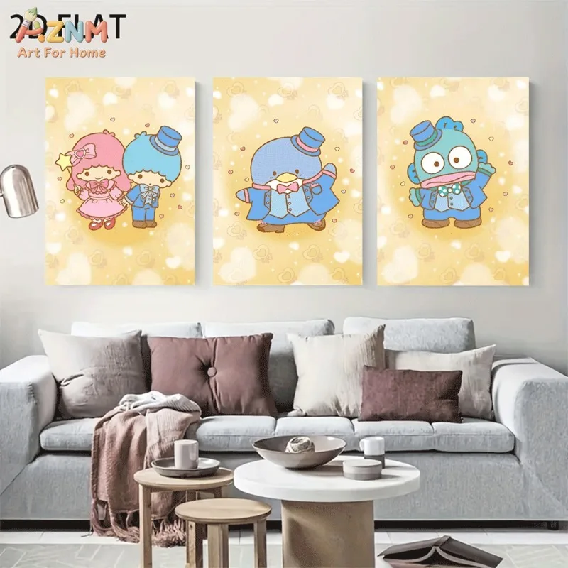 Unframed Sanrio Canvas Wall Art Little Twin Stars Tuxedo Sam Hangyodon Gentleman Hat Cartoon Poster Girls Bedroom Decor Gift For