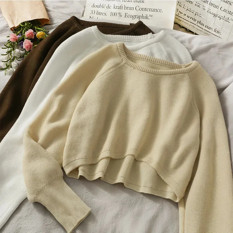 New Autumn Women Solid maglione o-collo maglione allentato Pullover Crop Top maglioni camicie Femme Knit Outwear Jumpers