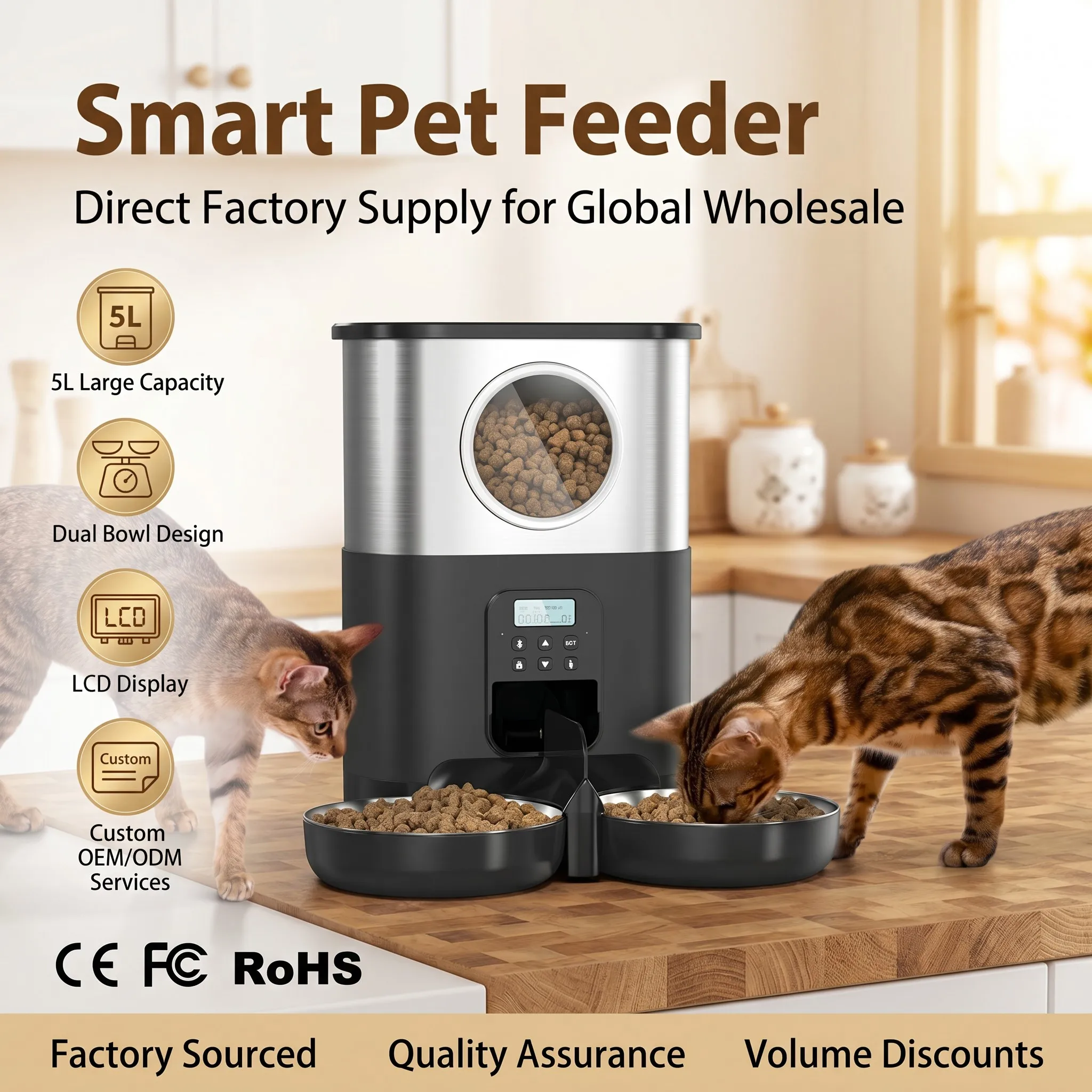 Automatic Pet Feeder Dual Bowl Stainless - 卸売 5L ビッグアイ デュアルボウル 自動ペットフィーダー ステンレス製ボウル