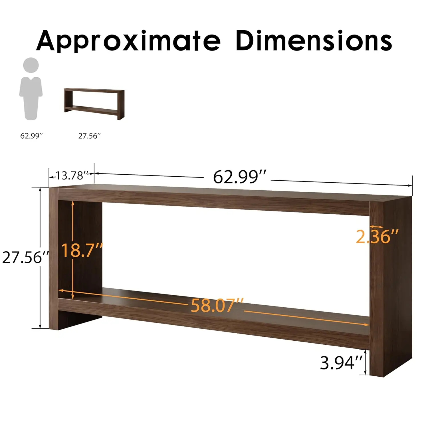 63-Inch Farmhouse Console Table with Shelf, Rustic Brown | 2-Tier Rustic Entryway Table with Wood Veneer, Vintage, Customized