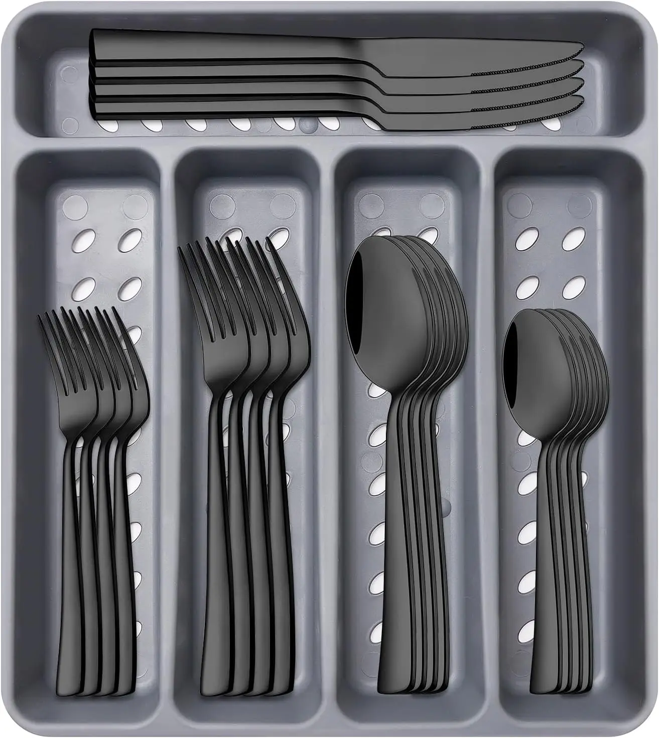 

21-Piece Modern Black Silverware Set with Organizer Tray Stainless Steel Eating Utensil Sets Kitchen
