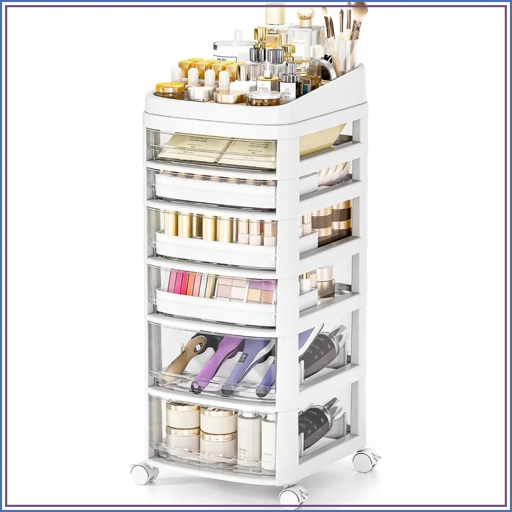 Carrito con Ruedas y 6 Cajones, Organizadores de Cajones de Plástico Transparente, Almacenamiento Debajo del Escritorio a Prueba de Polvo para Maquillaje, Cuidado de la Piel, Manualidades, Organizador de Cosméticos Acrílicos con Divisores, Carrito de Vanidad