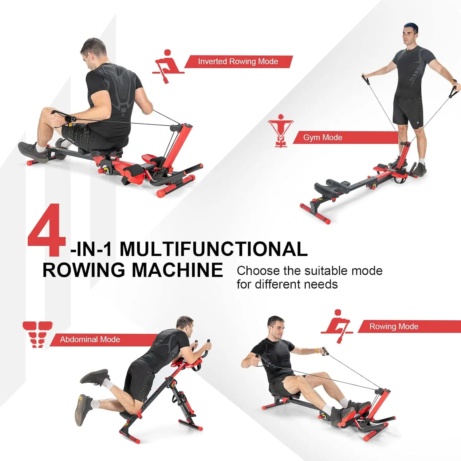 Folding Rowing Machine, AB Crunch Workout Machine w/3-Level Angle & Adjustable Tension, Control Panel, Multi-Function Rower AB F