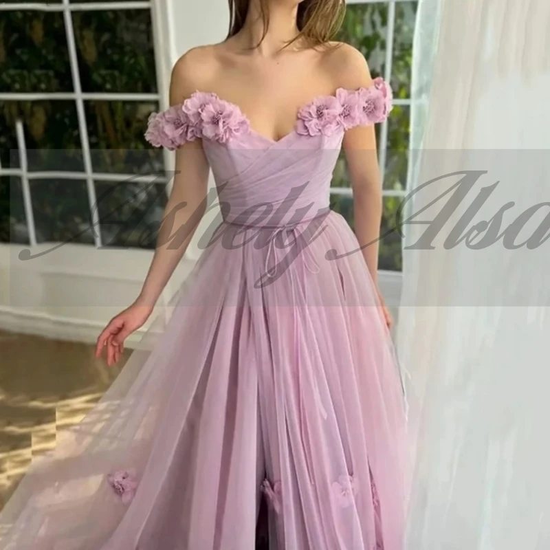 A2109 Eleganckie Liliowe Sukienki na Bal Maturalny Długie Odkryte Ramiona Kwiaty Marszczone Linia A Tiul Damskie Formalne Wieczorowe Suknie Ślubne na Przyjęcie Personalizowane