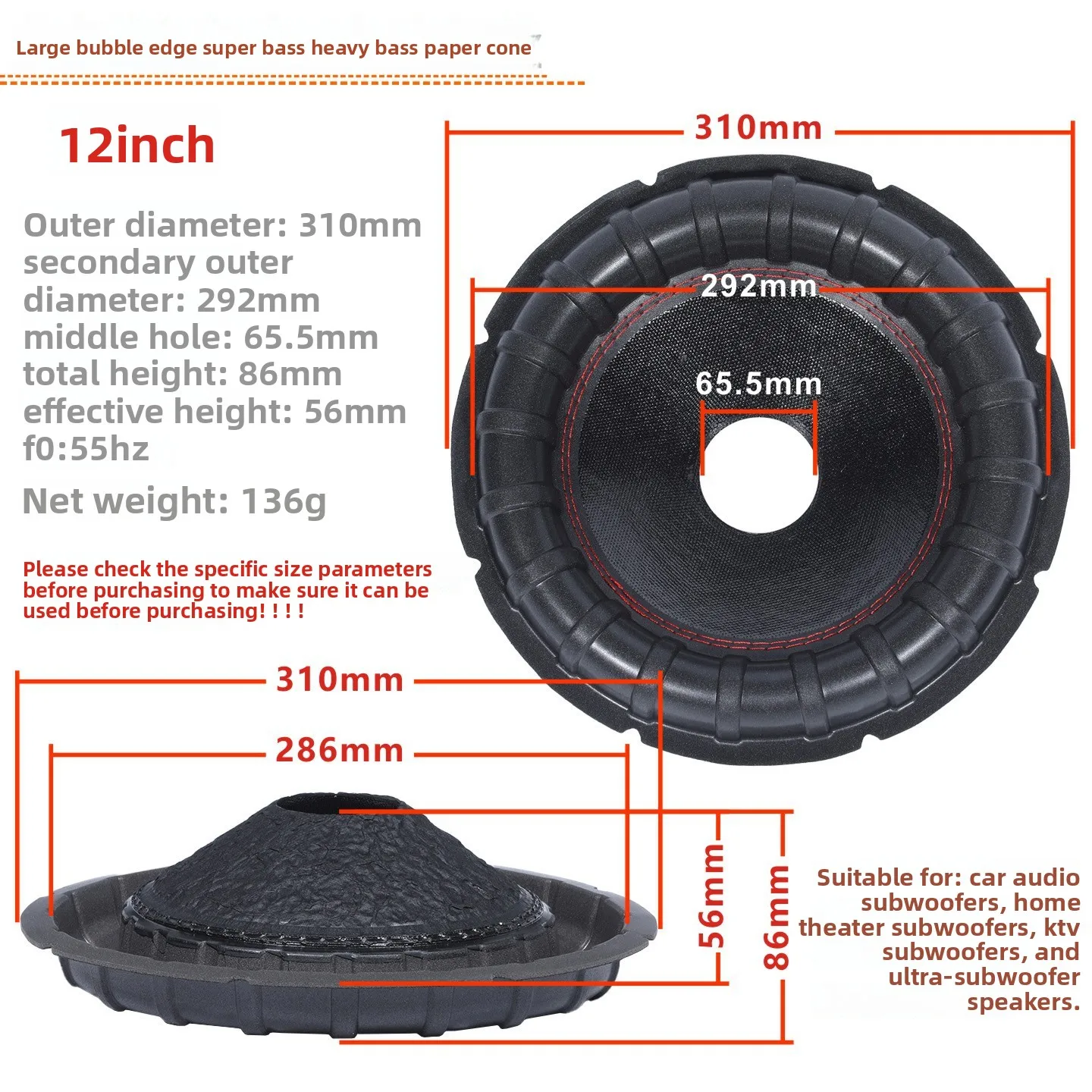 MW Audio 2PCS luidspreker papieren conus 8"/10"/12"/15", woofer reparatie papier voor auto subwoofer