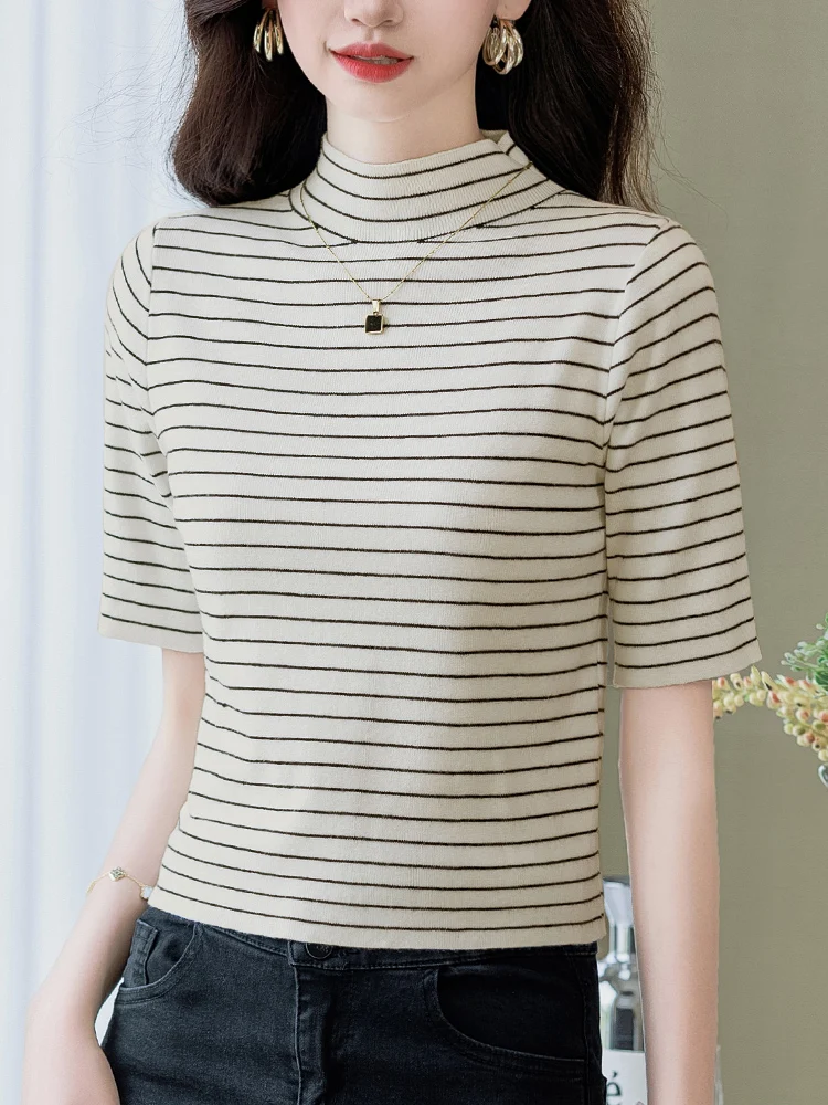 Ice Silk Mid-Sve Knitted Top Women's ort Sle f High Collar Summer T-irt Striped Faionable Small Size Commute Sle