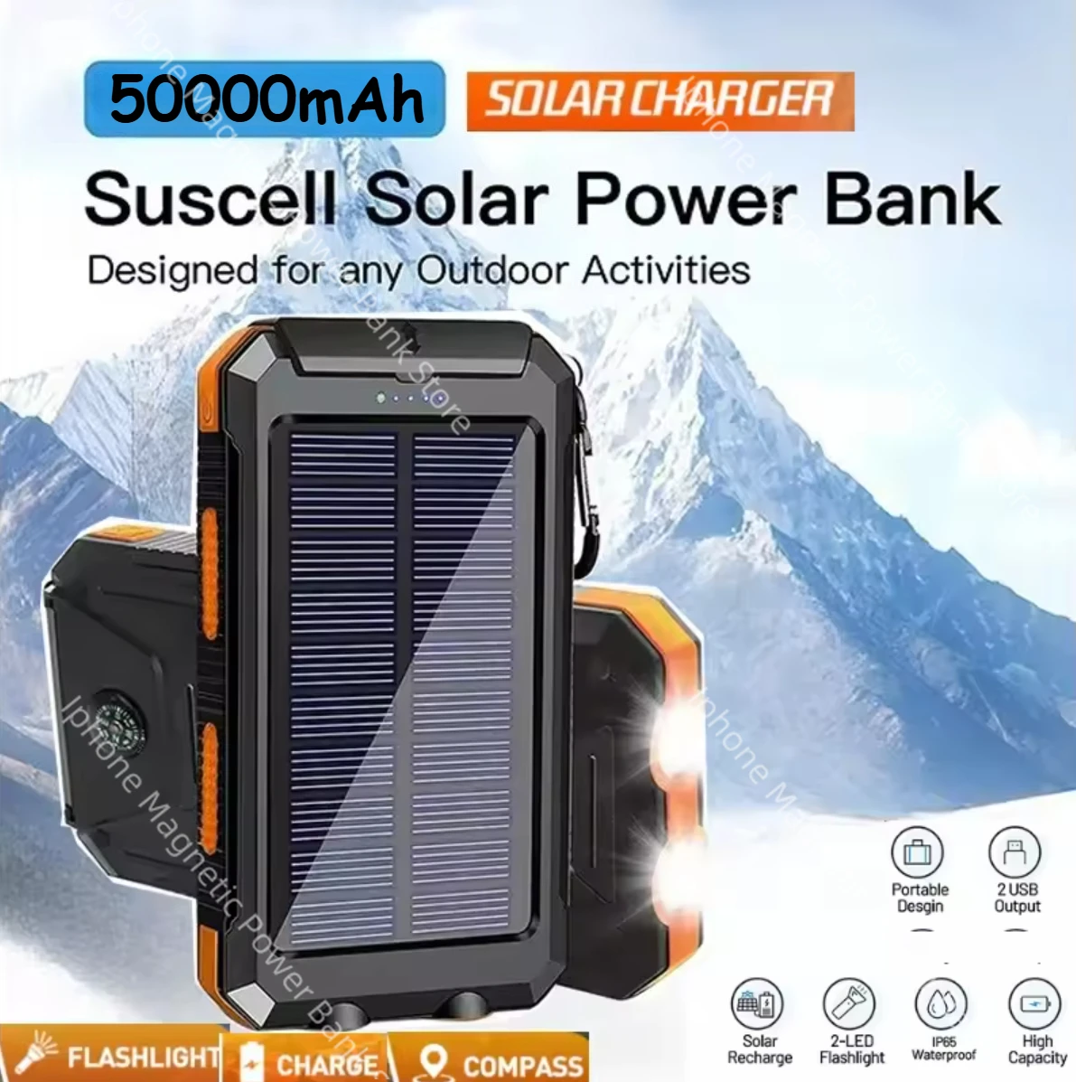 

50000mAh Solar Power Bank Waterproof Large Capacity Powerbank Fast Charging External Battery with SOS for IPhone Samsung Xiaomi