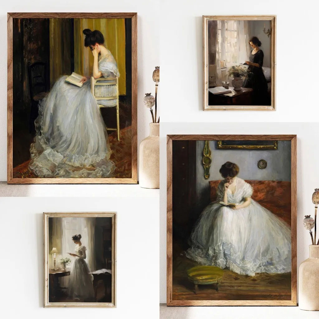 صورة عتيقة لسيدة القراءة ، طباعة فنية ، امرأة جمالية عتيقة في فستان خفيف جميل ، لوحة قماشية ، ديكور منزلي