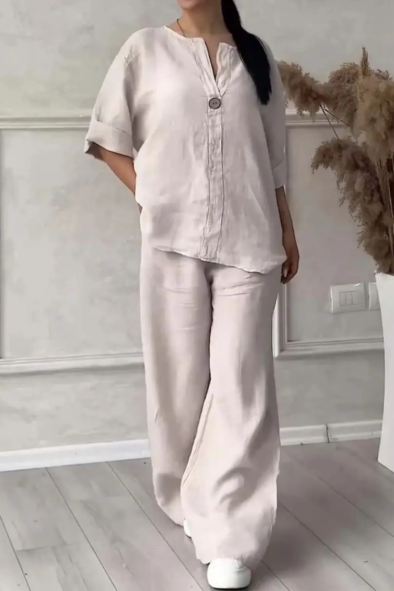 

2024Summer Fashionista V-Neck Long-Sleeved Trousers Multi-Color Cotton And Linen Women's Suit Sets For Women 2 Pieces Pants Sets