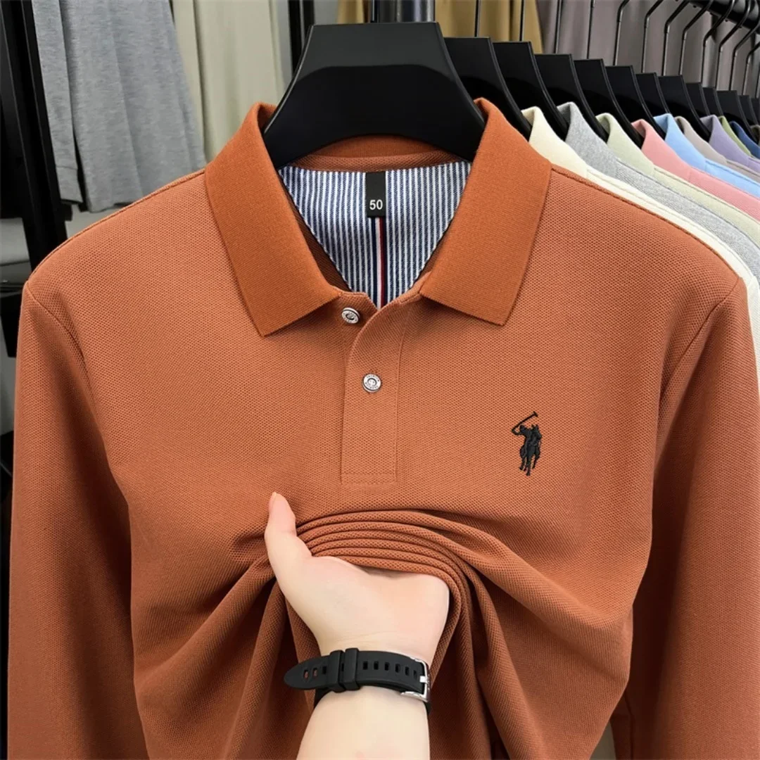 100% reine Baumwolle, hochwertiges Marken-Poloshirt für Herren mit langen Ärmeln, modisches Luxus-Golf-Oberteil mit Stickerei für Herbst und Winter, lässiges T-Shirt. – Detail 12