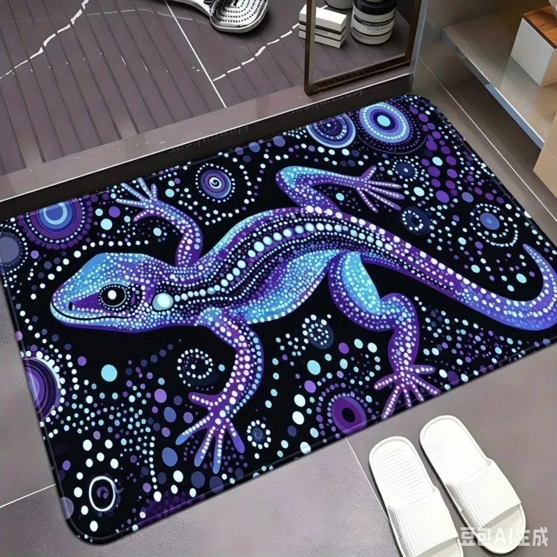 VIKAMA Aboriginal Dot‑Painting Gecko Doormat,Non‑Slip Absorbent Floor Rug,Boho Ethnic Lizard Decor Mat Bathroom Entryway Home
