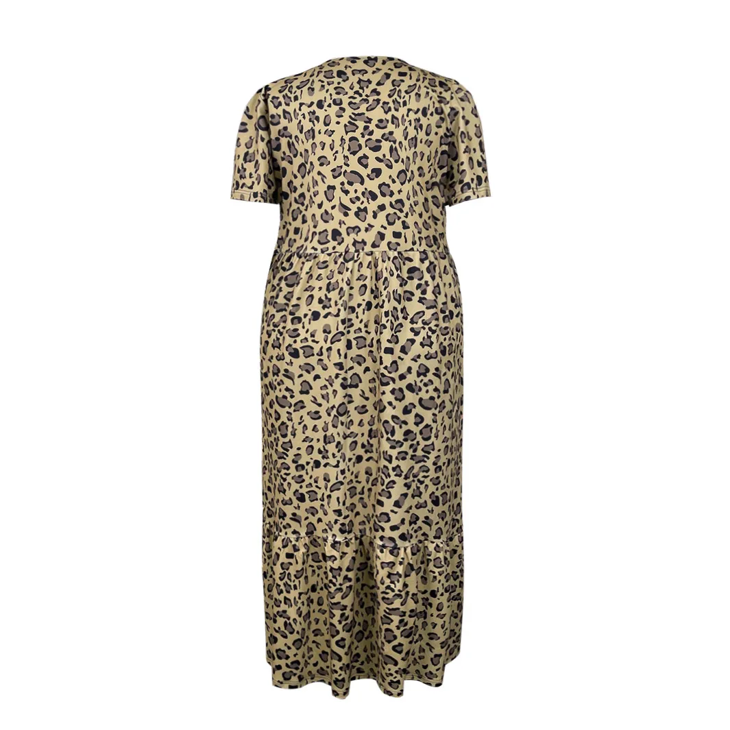 Vestido solto de manga curta com gola V leopardo plus size para mulheres OD-057 Estação Independente