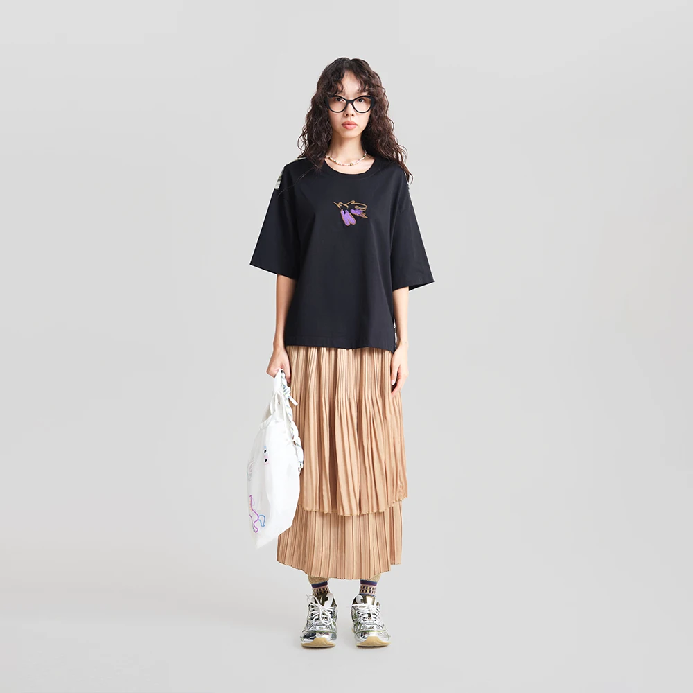 MOVEUP Short-Sleeve Crew Neck T-Shirt for Women Spring 2026 New Cartoon Bird Embroidery Adjustable Button Buckle 3ELC10513