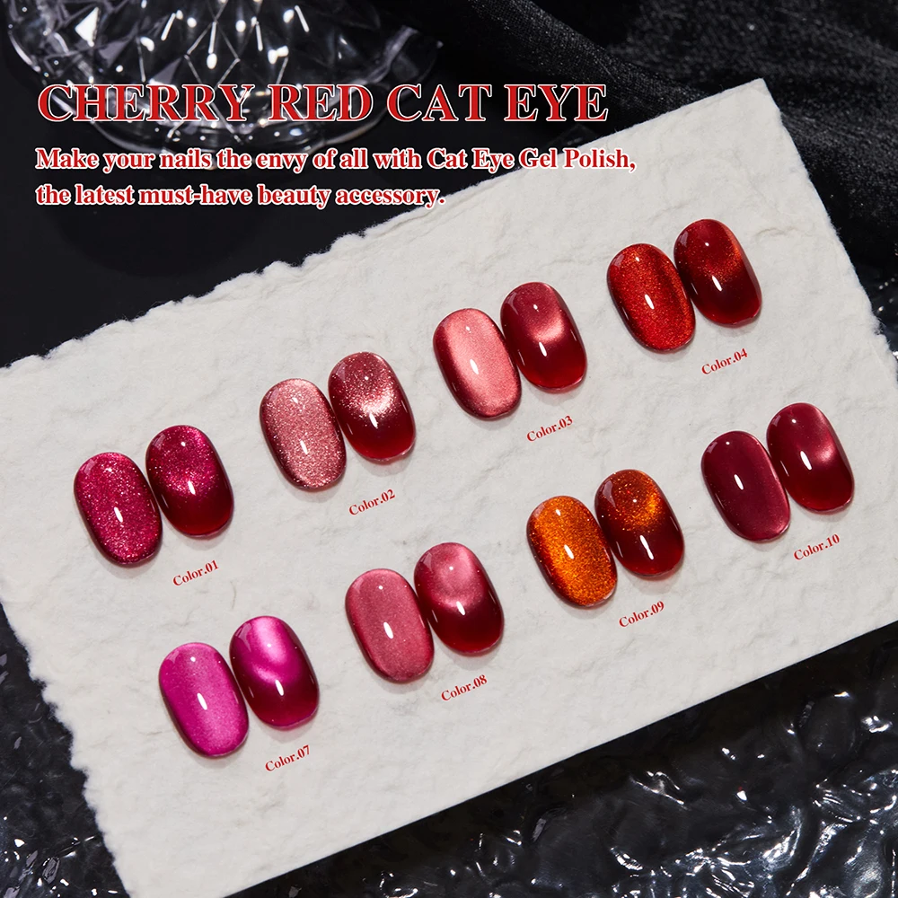 Vendeeni, 12 colores/juego, cristal rojo cereza, Color puro, ojo de gato magnético, esmalte de uñas de Gel UV LED con tarjeta de Color sin TPO/HEMA
