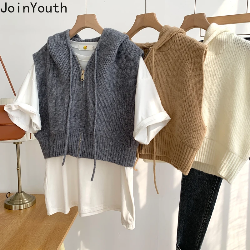 Joinyouth Fashion Hooded Sweater Vest Women Casual Knit Cropped Tops Zipper Coat Korean Sleeveless Waistcoat Chalecos Para Mujer