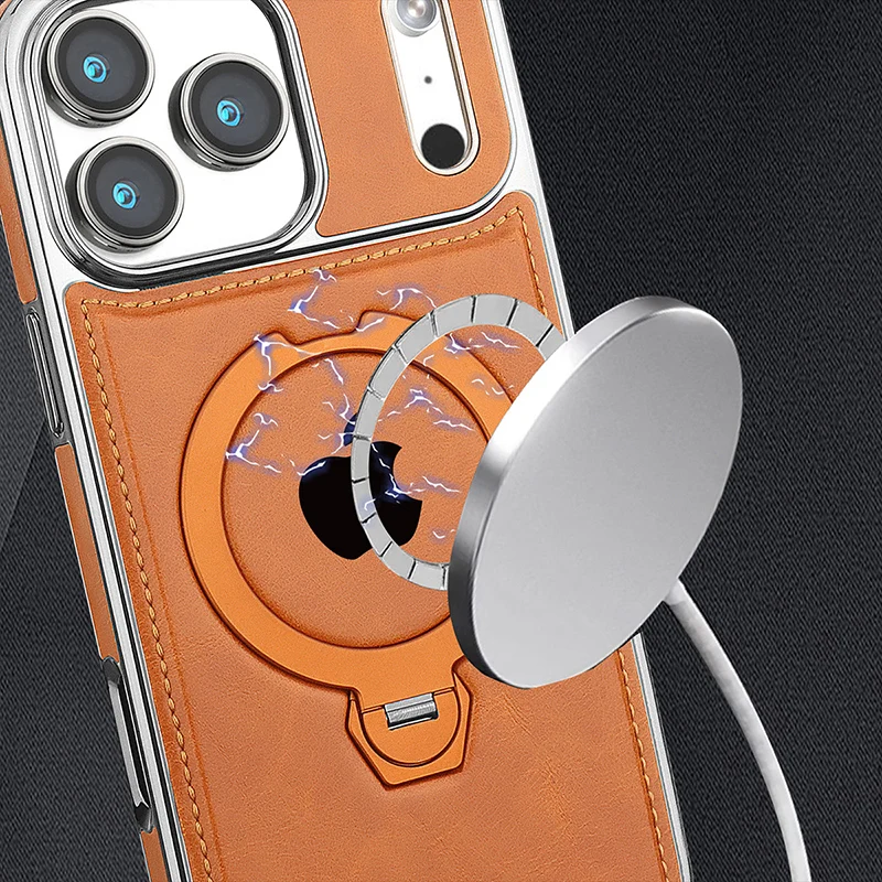 Magnetyczny obrotowy uchwyt, luksusowe skórzane etui na telefon iPhone 12 13 14 15 16 17 18 Pro Max Plus, bezprzewodowe ładowanie, odporne na wstrząsy. — zdjęcie produktu 5