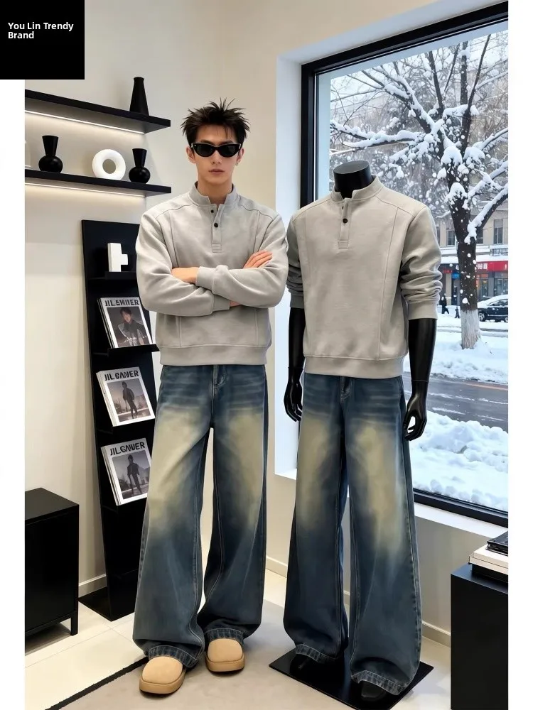 

Deep Blue Thickened Fleece Lined Wide Leg Men's Jeans Knife Retro American Style High Waist Straight Fit Casual Trousers