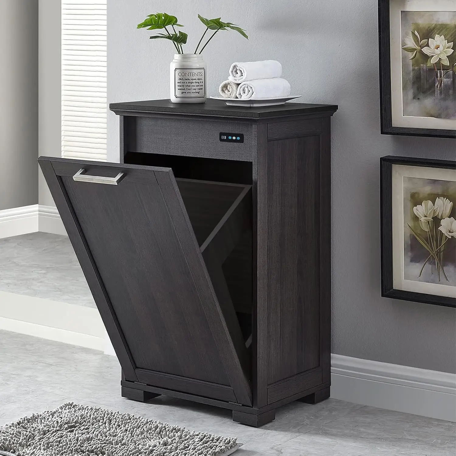 Wooden Tilt Out Trash Cabinet, Hidden Trash Can Kitchen Holds 10 Gallons (Dark Brown+Black Top Panel)