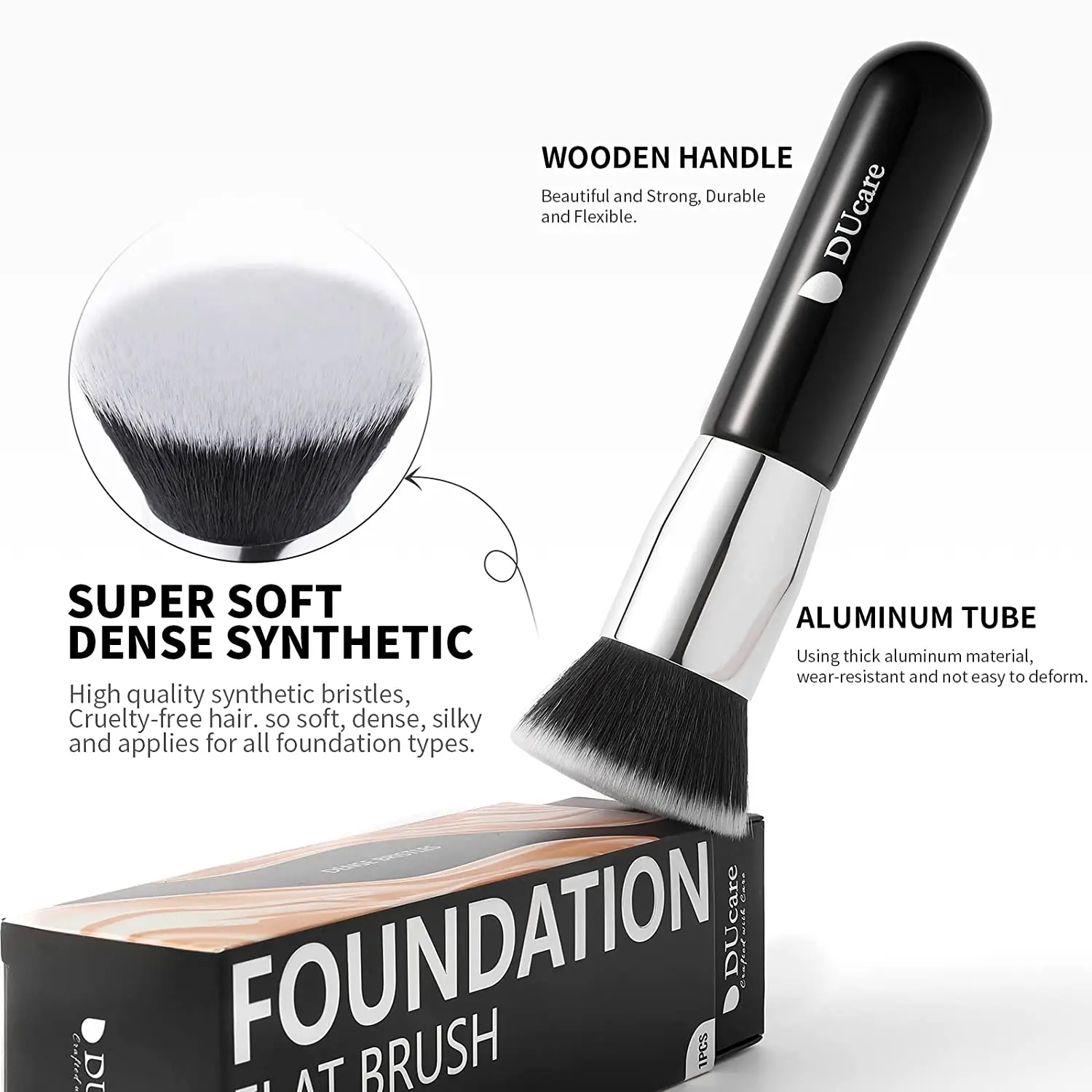 DUcare Black Flat Top Kabuki Foundation Brush for Liquid Makeup Professional Stick Buffing Blending Mineral Powder Makeup Brush