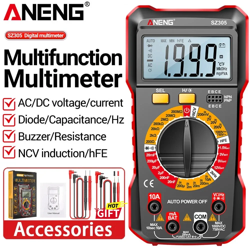 ANENG SZ305 Smart Digital Multimeter Tester Voltmeter Ammeter NCV Voltage Induction + Universal 1000V Probe Pen Line Wire Tools