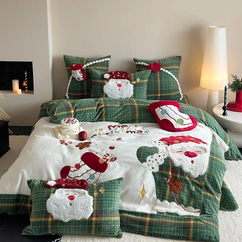 Crystal Velvet Christmas Duvet Cover Double King Warm Flannel Fluffy for Fall Winter Duvet Cover Bed Sheet Pillowcases