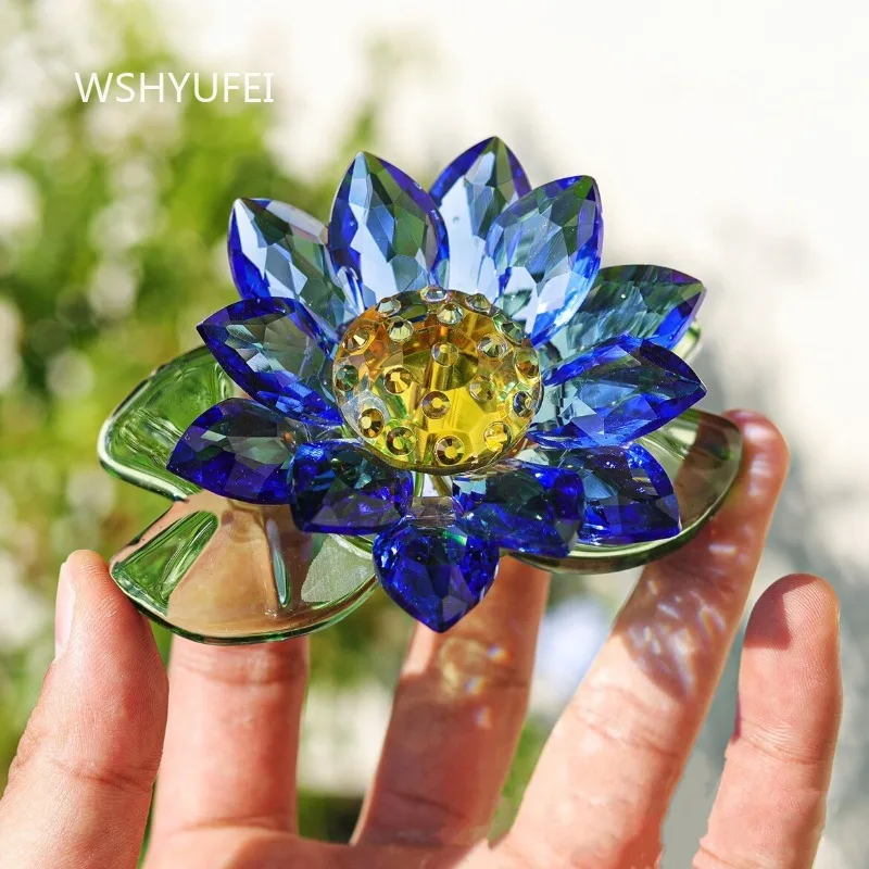Crystal Lotus Flower Ornament Pink Petals Green Leaf Base Glass Lotus Figurine Desktop Decor For Home Table Feng Shui Decoration
