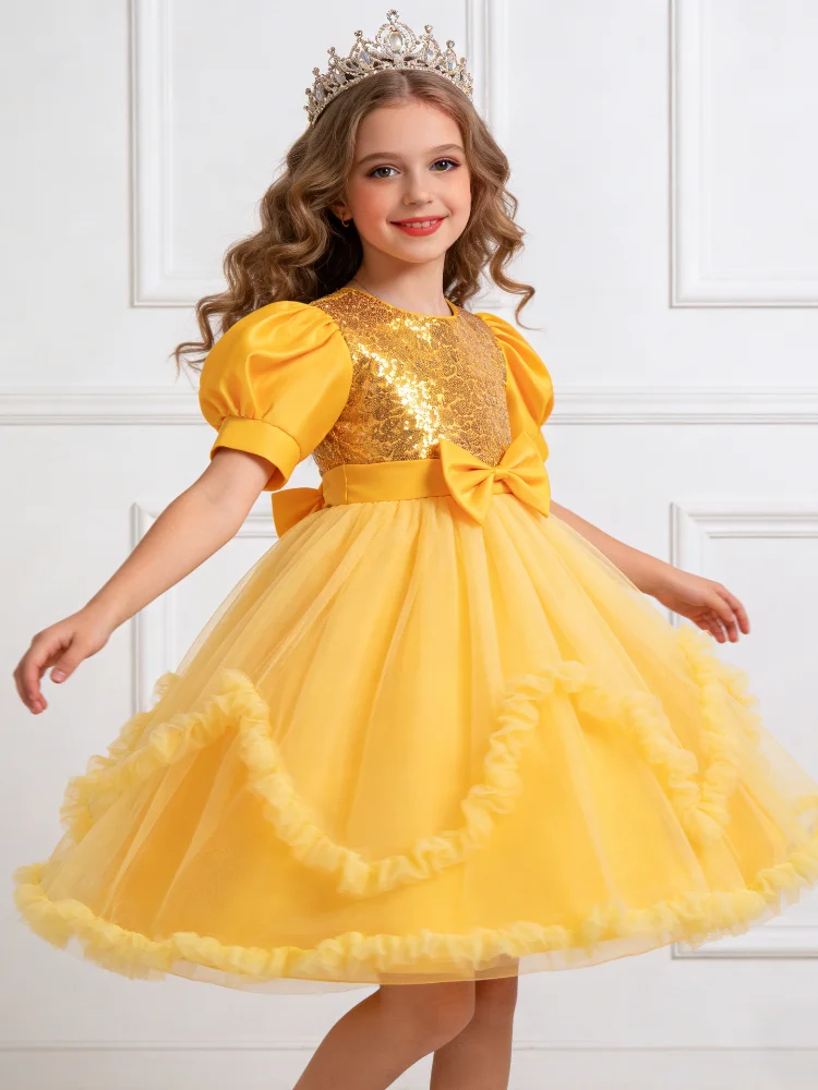 

Новое платье принцессы для девочек 2026 года: пышные рукава, пайетки, фатин, большой бант, роскошное платье для девочек на свадьбу, день рождения, вечеринку, для детей 2-10 лет