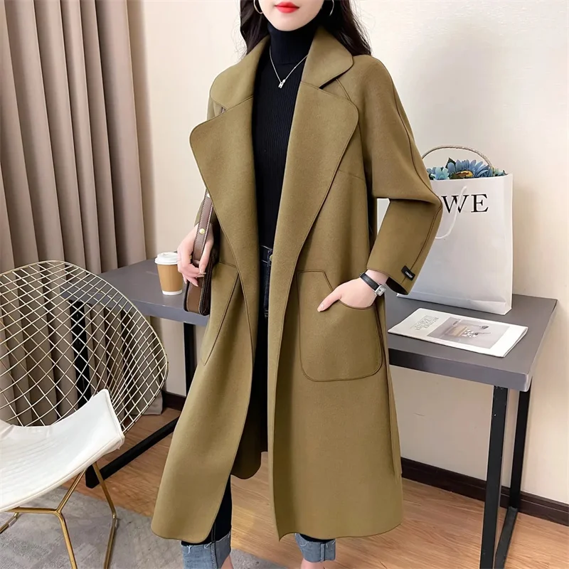 2024 autunno e inverno nuovo cappotto di peluche a doppia faccia da donna con lacci di media lunghezza coreano sciolto moda sottile Ouutcoat femminile