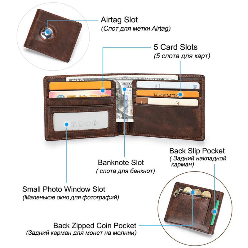Airtags Wallet Luxury Genuine Leather RFID Zipper Purses Anti-lost ID Credit Card Bag With Apple Airtag Case Folding Men Wallet