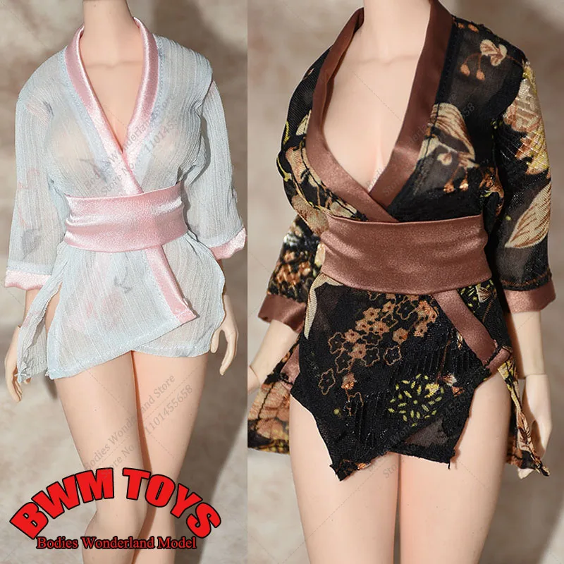 1/6 Scale Chinese Women's Ancient Style Improved Kimono Priniting Bathrobe Yukata with Belt Clothes Model fit 12'' Action Figure