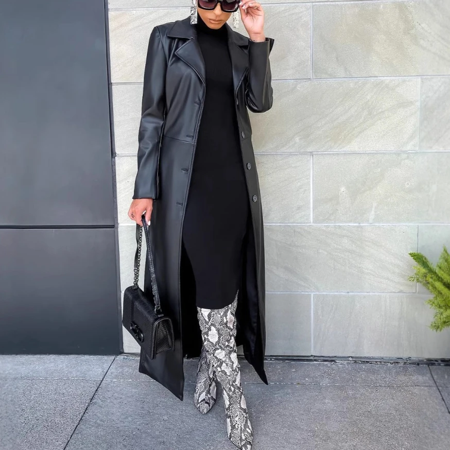 Faux PU Leather Coats Women Single Breasted Long Coat Turn Down Collar Y2k Streetwear Jackets Splice Open Stitch 2025 Jacket