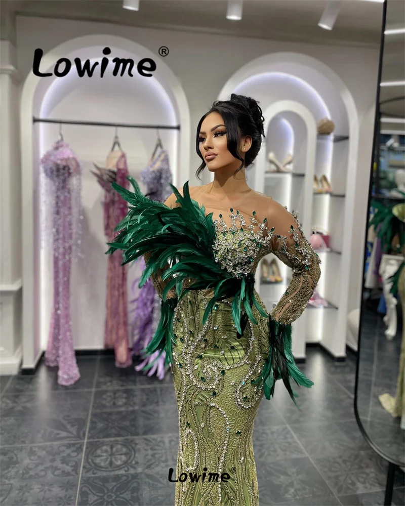 Luxury Celebrity Dress 2024 Couture Green Feathers Evening Dresses Crystals Beaded Mermaid Long Prom Party Gowns Robe De Soiree