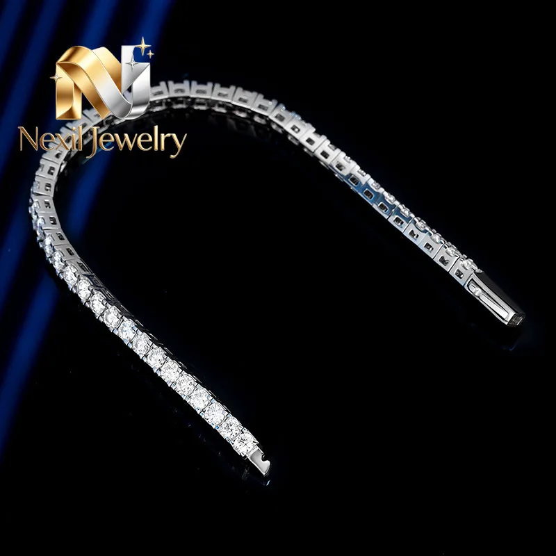 Nexil Jewelry  Luxury Solid Platinum PT950 Women's Spring Buckle Design 3mm 4mm Moissanite Bracelet Tennis Bracelet