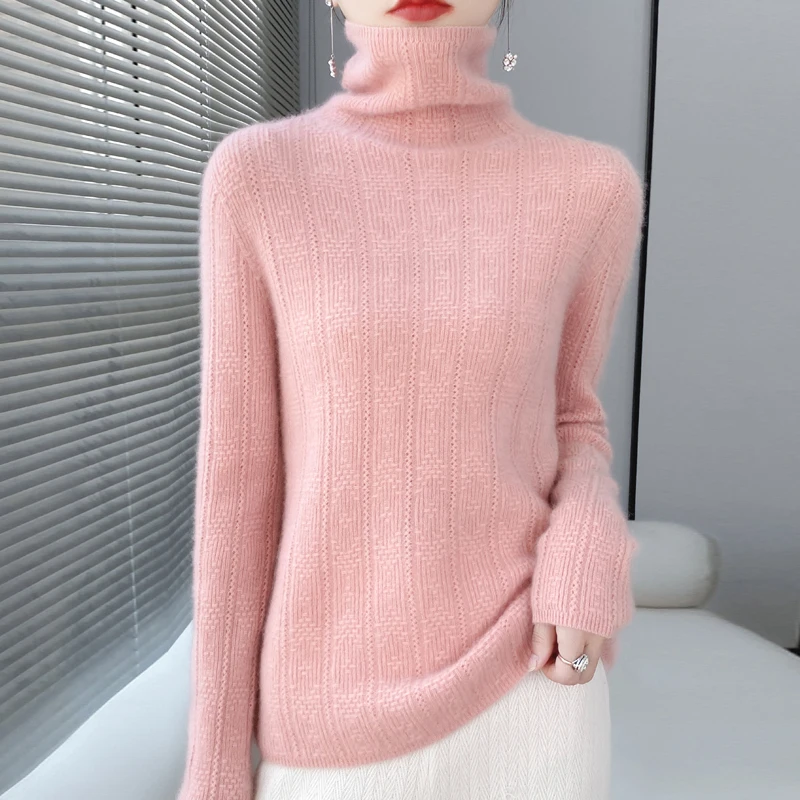 100% pure wool women\'s autumn and winter new long-sleeved loose casual solid color sweater turtleneck knitted bottoming shirt