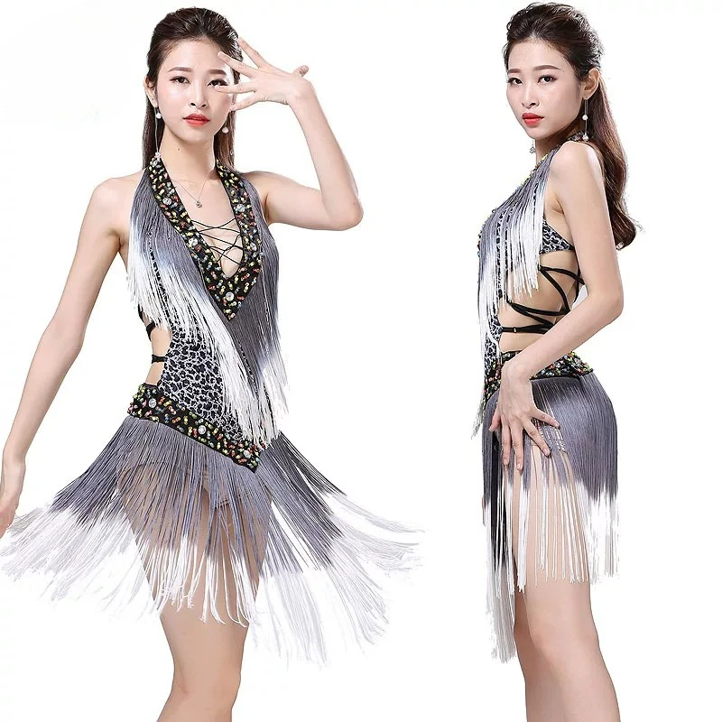New leopard print Latin dance clothes adult women gradually change tassel sexy dress professional competition performance clothe