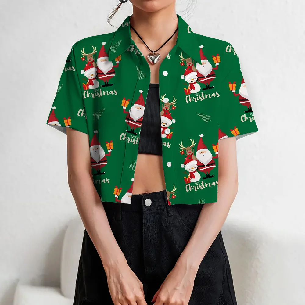 Women's Loose Casual T-shirts Fashion Christmas Santa Claus 3D Printed Green Lapel Button Shirts Young Girls Exposed Navel Shirt