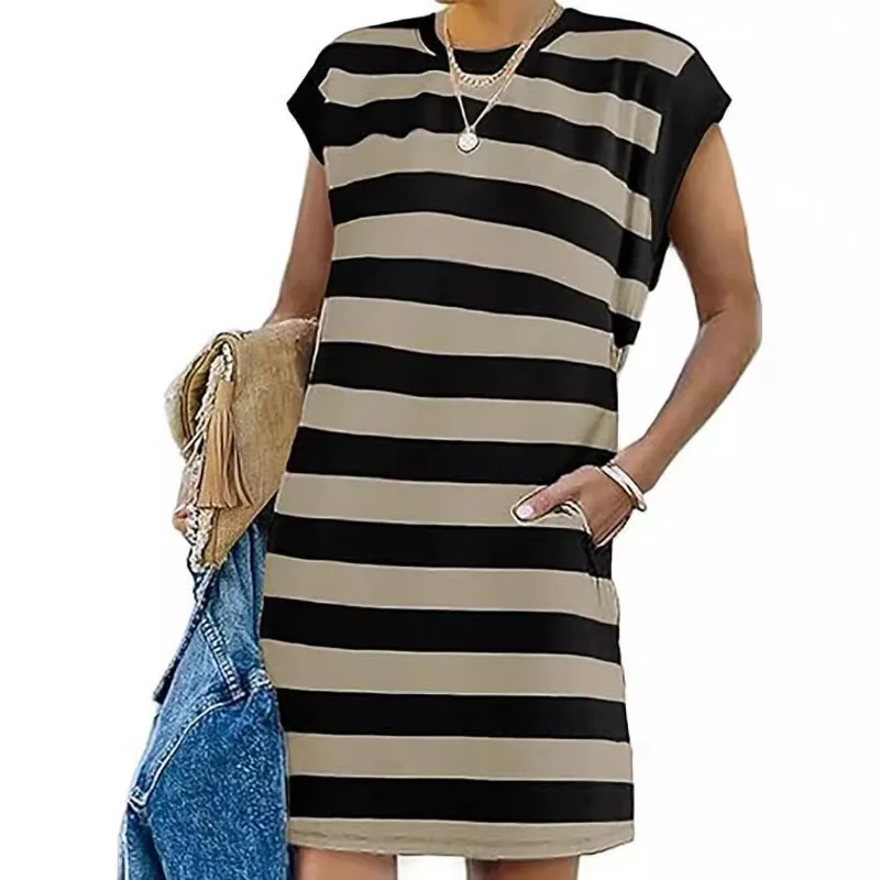 Vestido feminino casual estampado listrado, bolsos soltos sem mangas, vestidos estilo camiseta em retalhos, moda de trajeto, novo, verão