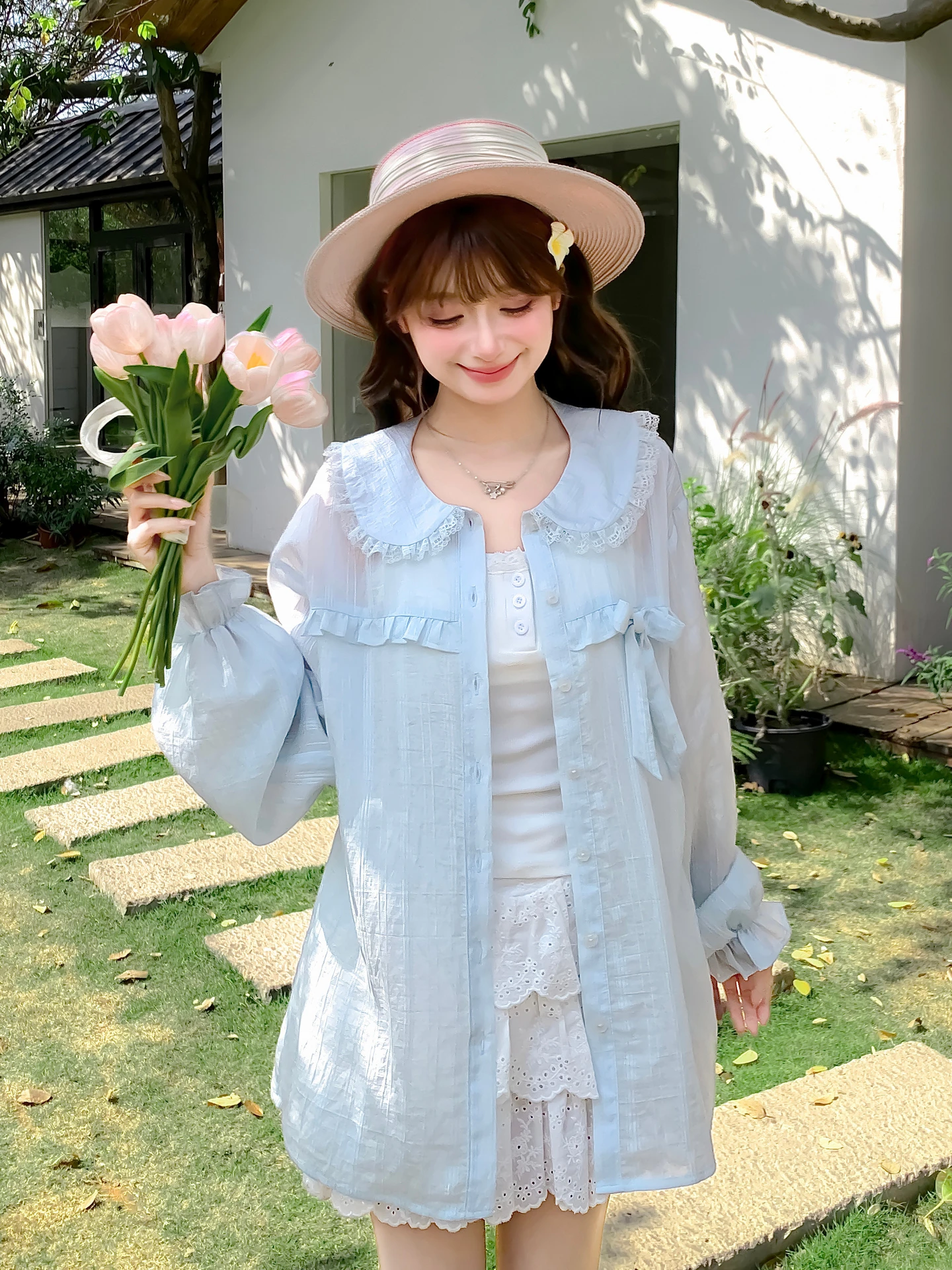 Sweet Style Baby Blue Doll Collar Loose Long Sleeve Shirt Women's Fashion Ruche Fiber Lenzing Eco-Viscose Spring 2026 New Arr...
