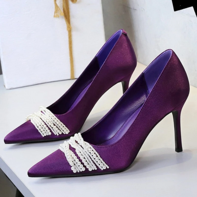 

BIGTREE Shoes Women Pumps Pearl Chain High Heels Women Shoes Pointed Kitten Heels 8 Cm Sexy Party Shoes Ladies Heels 2026
