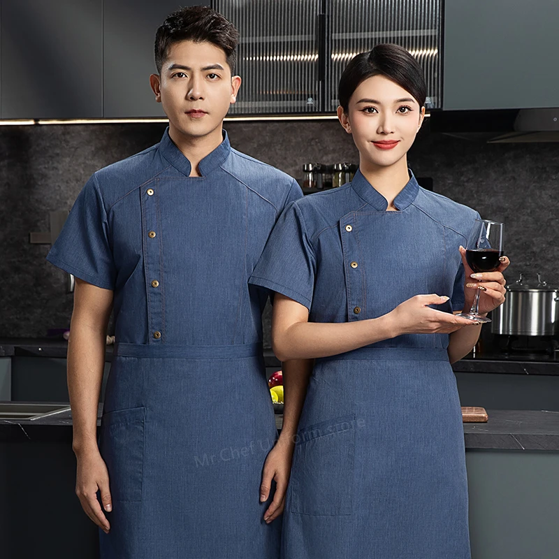 ฤดูร้อน Chef Jacket สีดําชุดผู้ชายแขนสั้น Chef coat ผ้ากันเปื้อนเสื้อผ้าทํางานโลโก้ Chef กางเกงขาสั้น Breathable ร้านอาหารห้องครัว