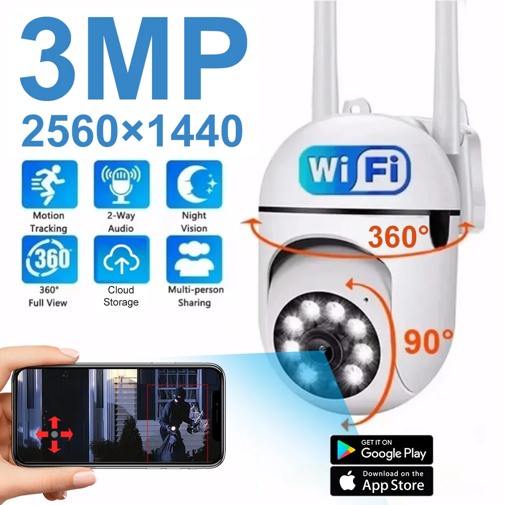 3MP WiFi Camera Home PTZ IP Camera Color Night Audio Wireless Surveillance Camera Auto Home Tracking Security CCTV Camera