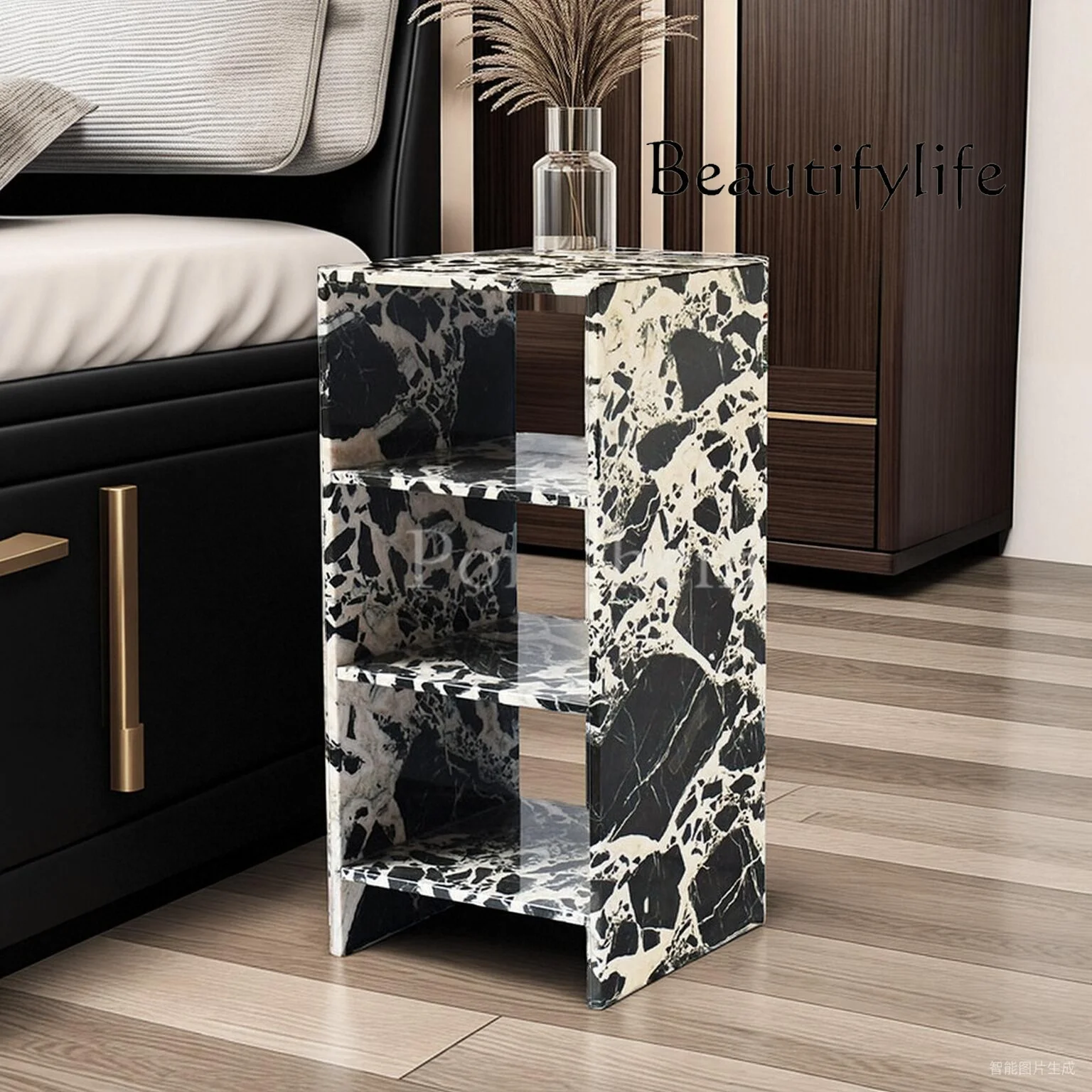 

French minimalist natural marble sofa edge few designer living room household side table three-layer side table