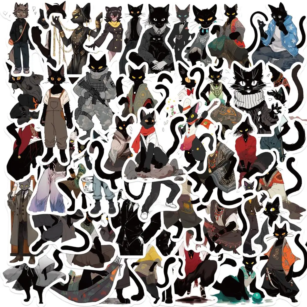 50PCS Creative Black Cat Youth Personification Stickers DIY Notebook Motorcycle Skateboard Computer Mobile Phone Cartoon Sticker