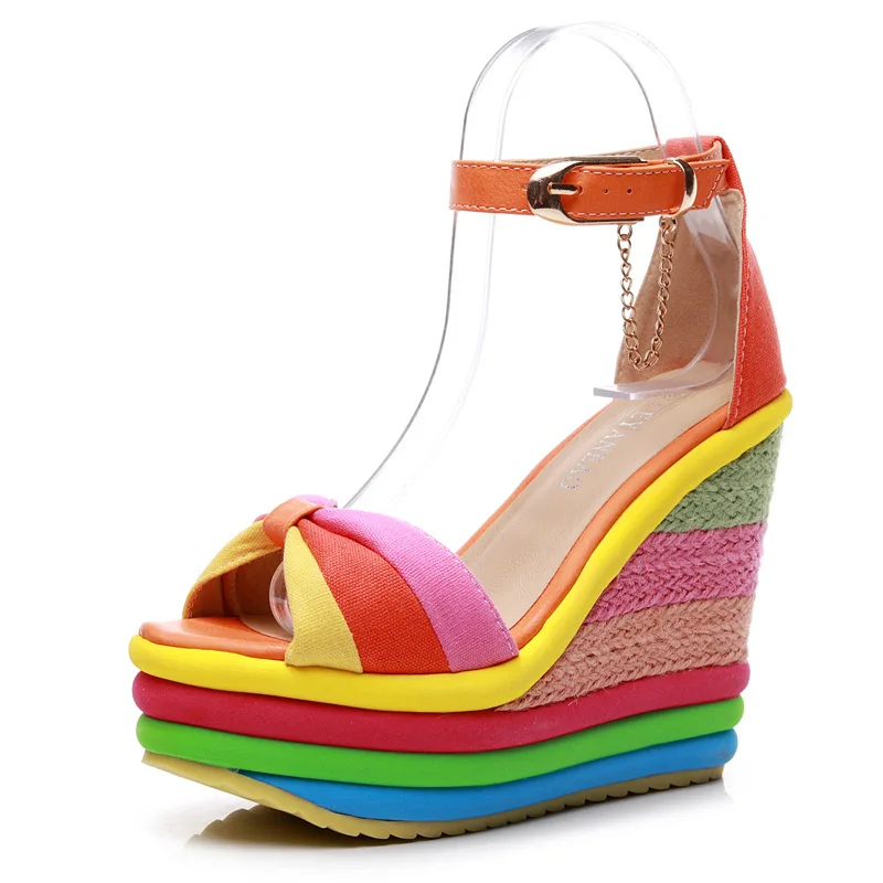 

New Rainbow Colored Thick Sole Contrast Color Elevated Women's Shoes Straw Woven 13cm High Heel Fish Mouth Slope Heel Sandals