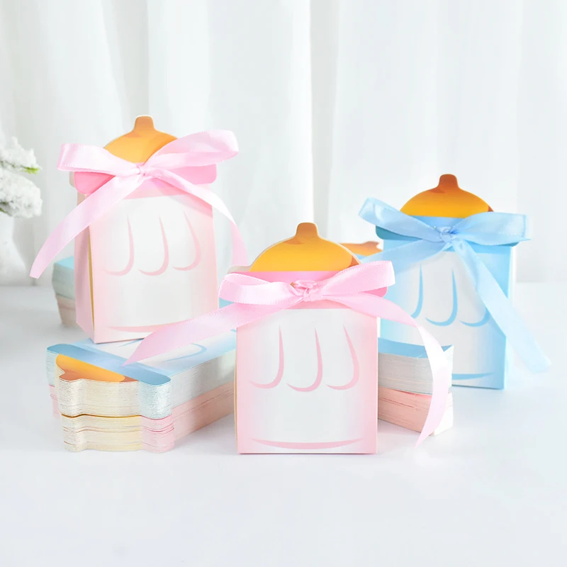 10pcs Baby Shower Candy Box Cute Blue/pink Feeder Style Paper Boxes Gender Reveal Birthday Party Decor Favors Gift Packaging Box