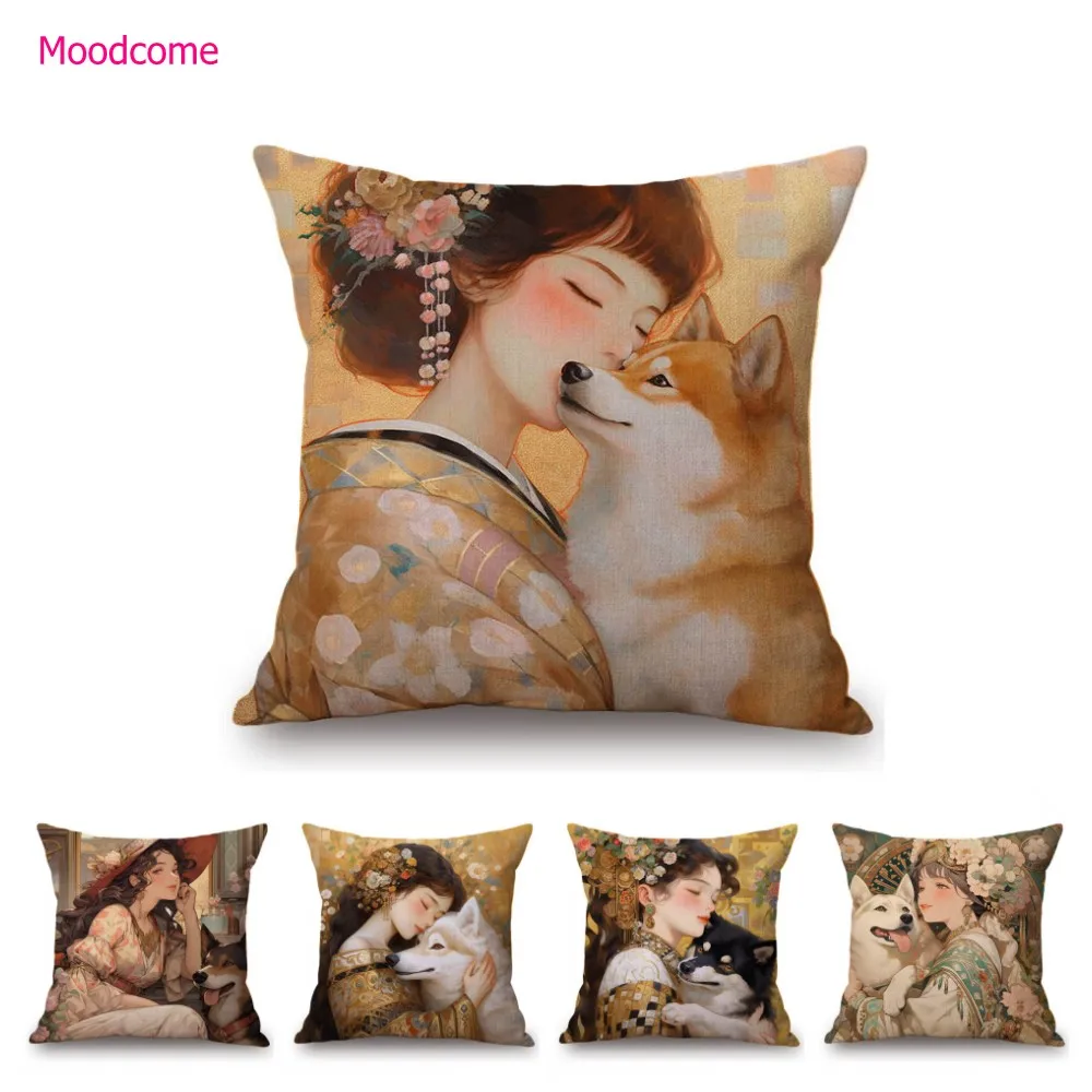 Lovely Cute Shiba Husky Cat Princess Dog Puppy Klmit Mucha Style Cotton Linen Sofa Throw Pillow Case Cartoon Girl Cushion Cover